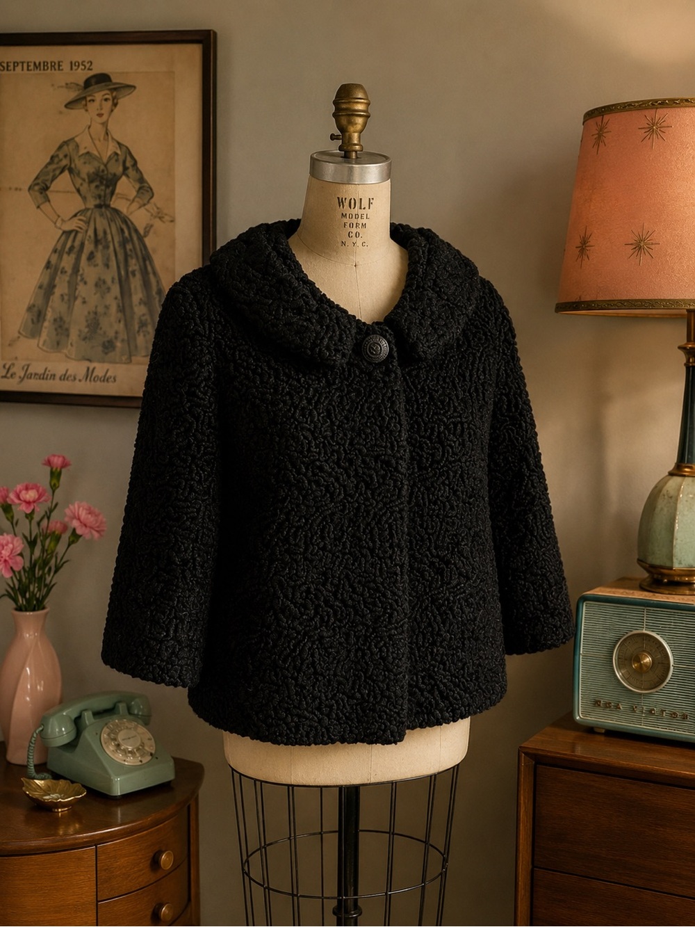 Vintage Persian Lambs Wool Black Cropped Coat Small. 1950’s 60’s